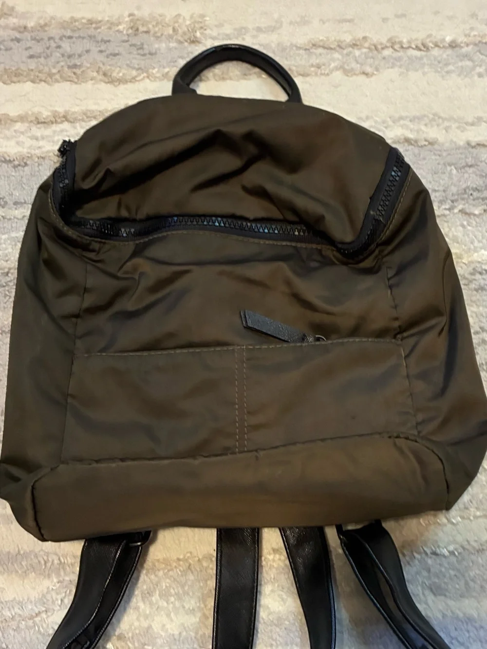 Mossimo Supply Co. nylon backpack olive green/brown. lightweight, leather straps